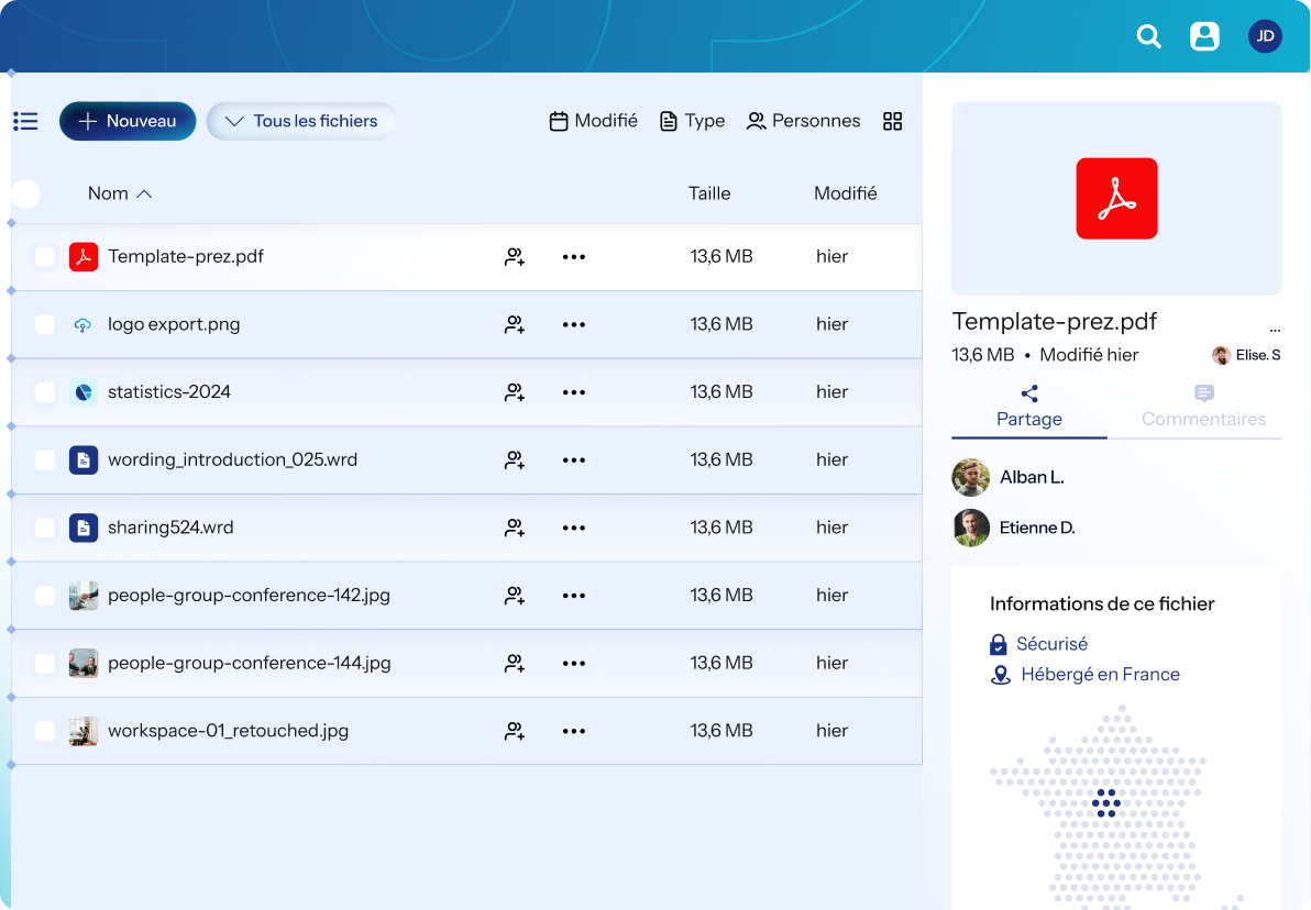 Interface d’une application de gestion de fichiers montrant une liste de documents et le détail du fichier sélectionné.