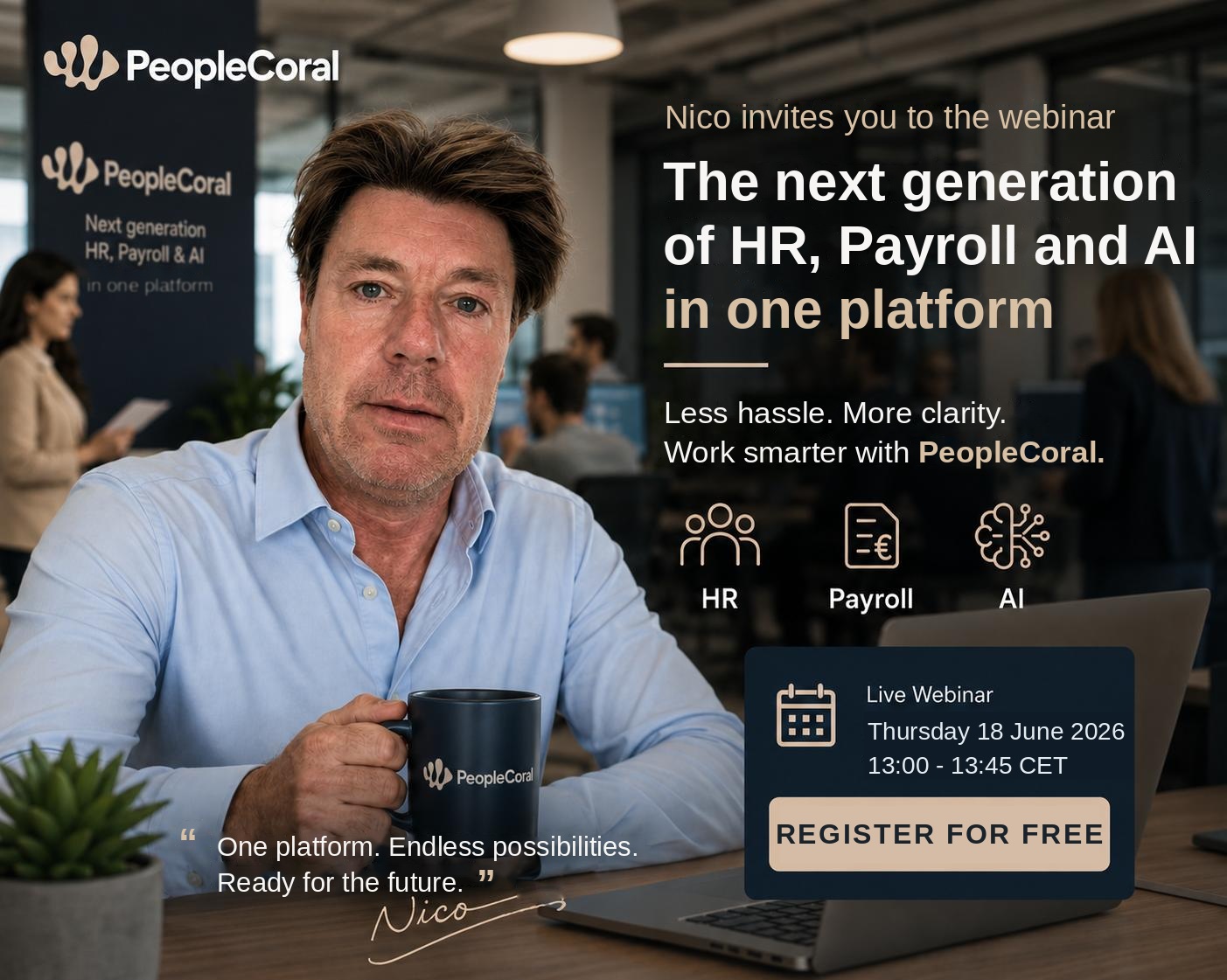 Nico van Veen invites you to the PeopleCoral webinar — The next generation of HR, Payroll and AI in one platform, Thursday 18 June 2026, 13:00–13:45