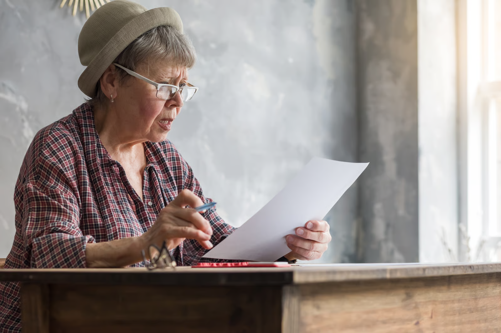 A senior woman with short gray hair and wearing a plaid shirt and a hat sits at a wooden desk in a home and reviews a document.