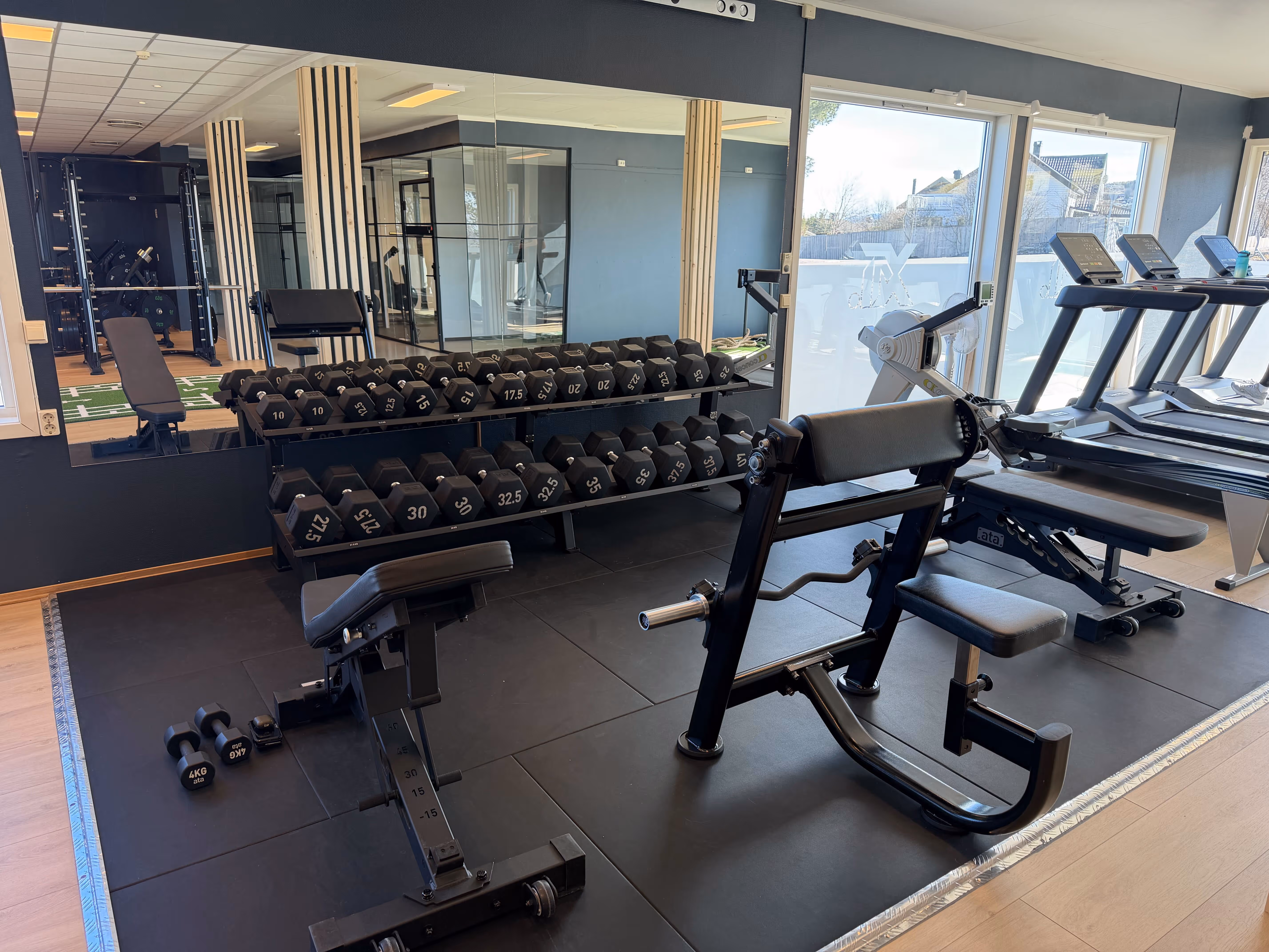 Treningsrom med justerbar benk, vektstativ med manualer i forskjellige størrelser, løpemøller og store vinduer som gir naturlig lys.