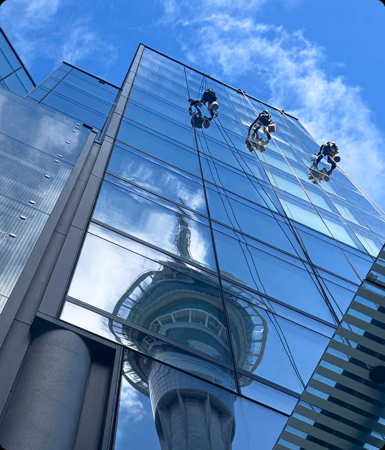 Three workers suspended by ropes cleaning glass windows of a tall building reflecting a tower under a partly cloudy blue sky.