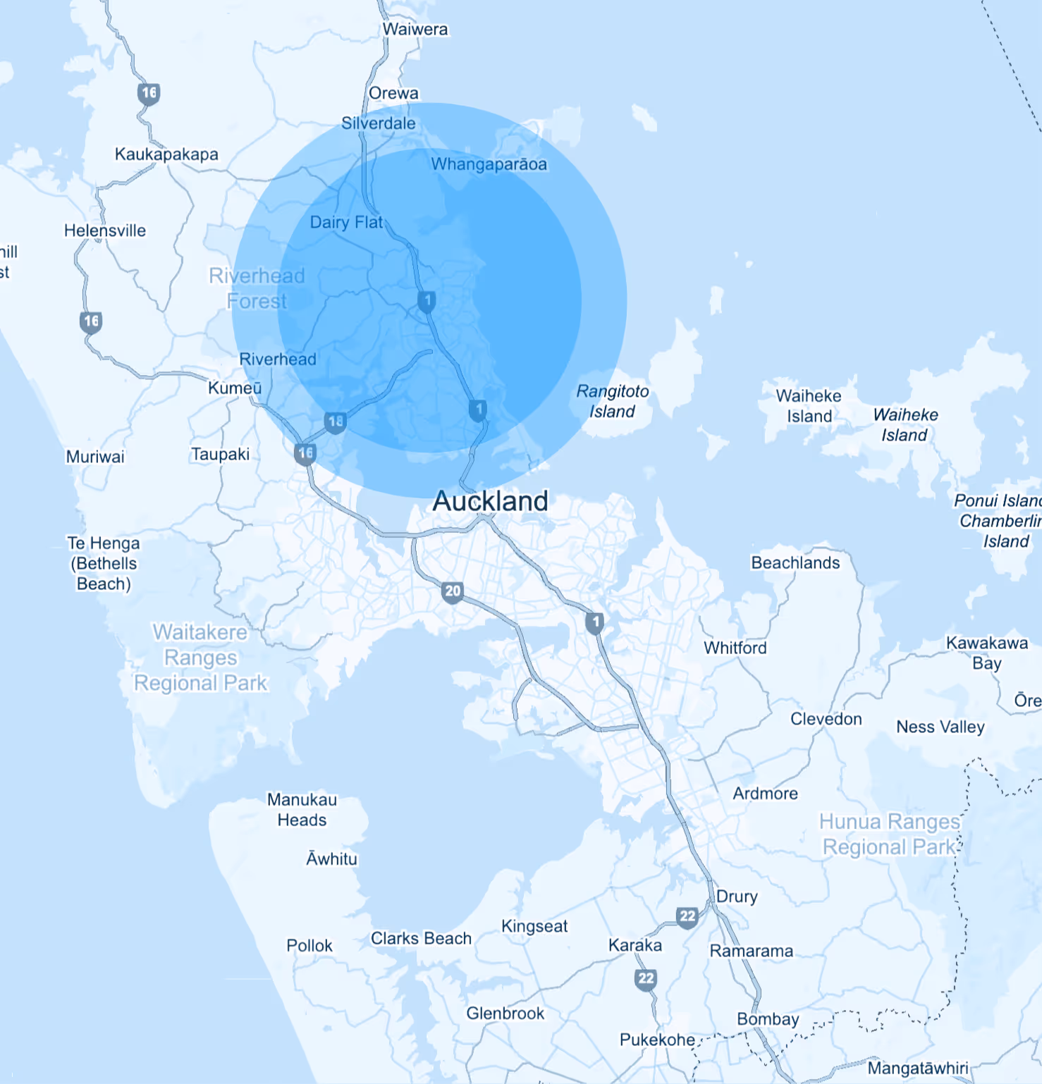 Map showing Auckland, New Zealand, with highlighted circular area covering North Shore and nearby suburbs including Whangaparāoa and Riverhead Forest.