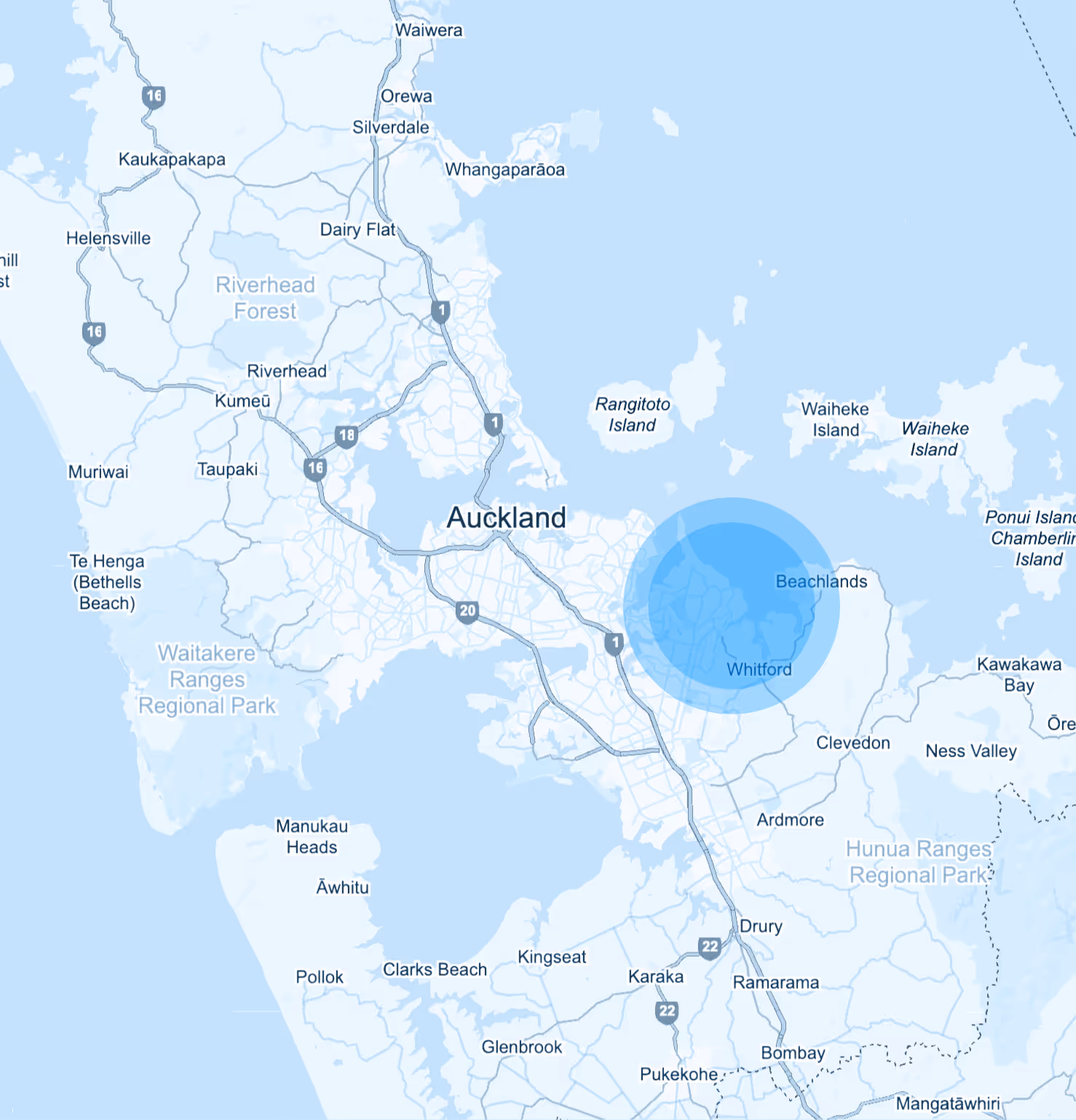 Map showing Auckland, New Zealand, with a blue circle highlighting the area around Beachlands and Whitford.
