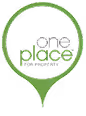 Green circular speech bubble outline with the text 'one place technology' in green and gray inside.
