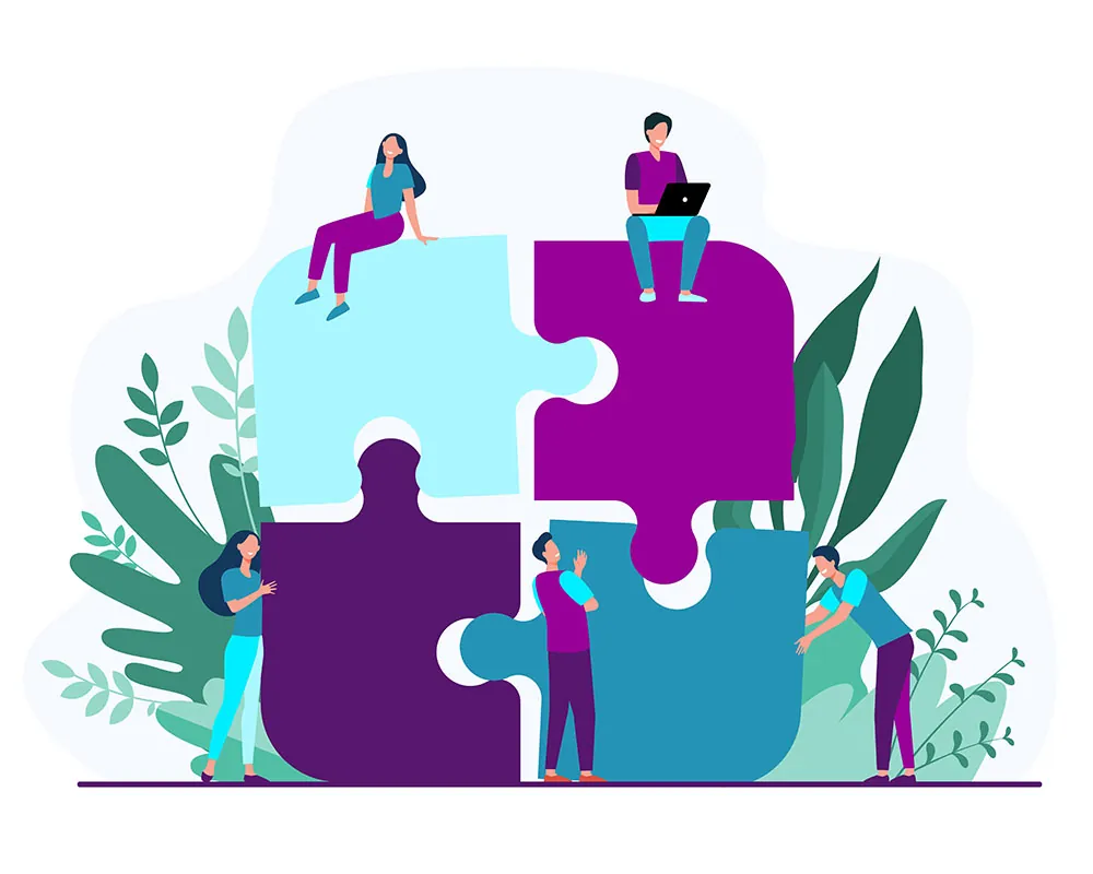 Illustration of People working with computers and making a puzzle