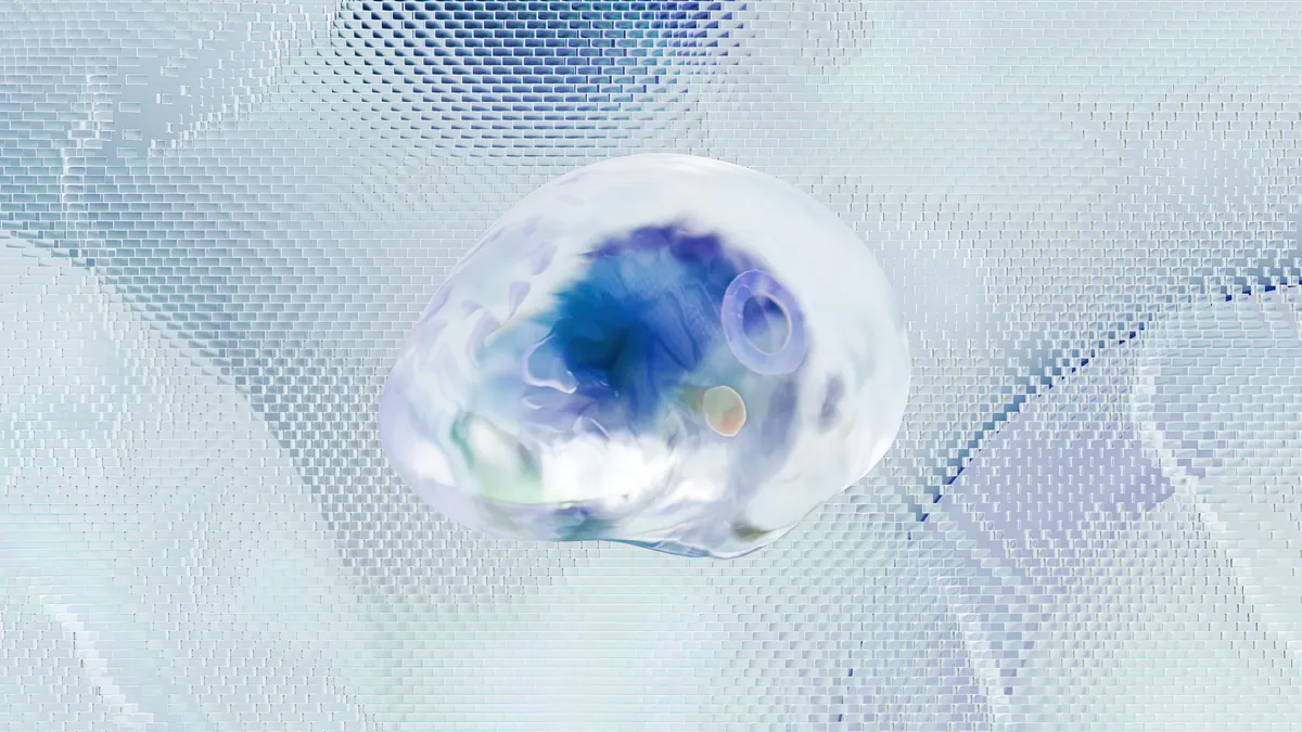 Abstract glass sphere resting on a woven light-blue mesh, symbolising the interlinked matrix organizational model