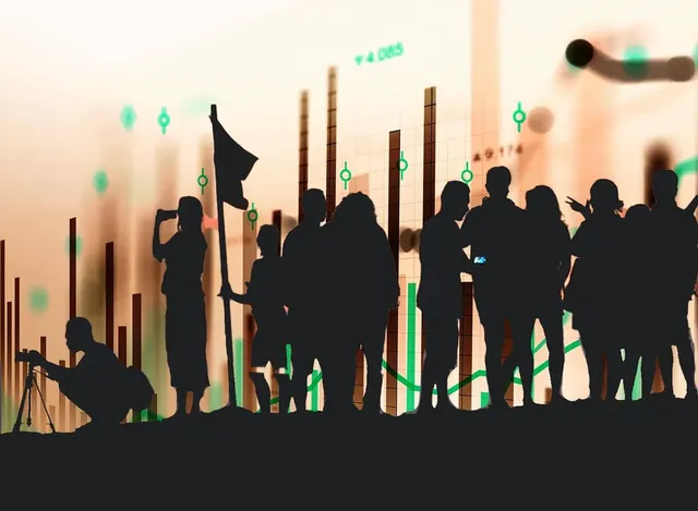 Menschen auf einem Berg vor dem Hintergrund einer Börsengrafik