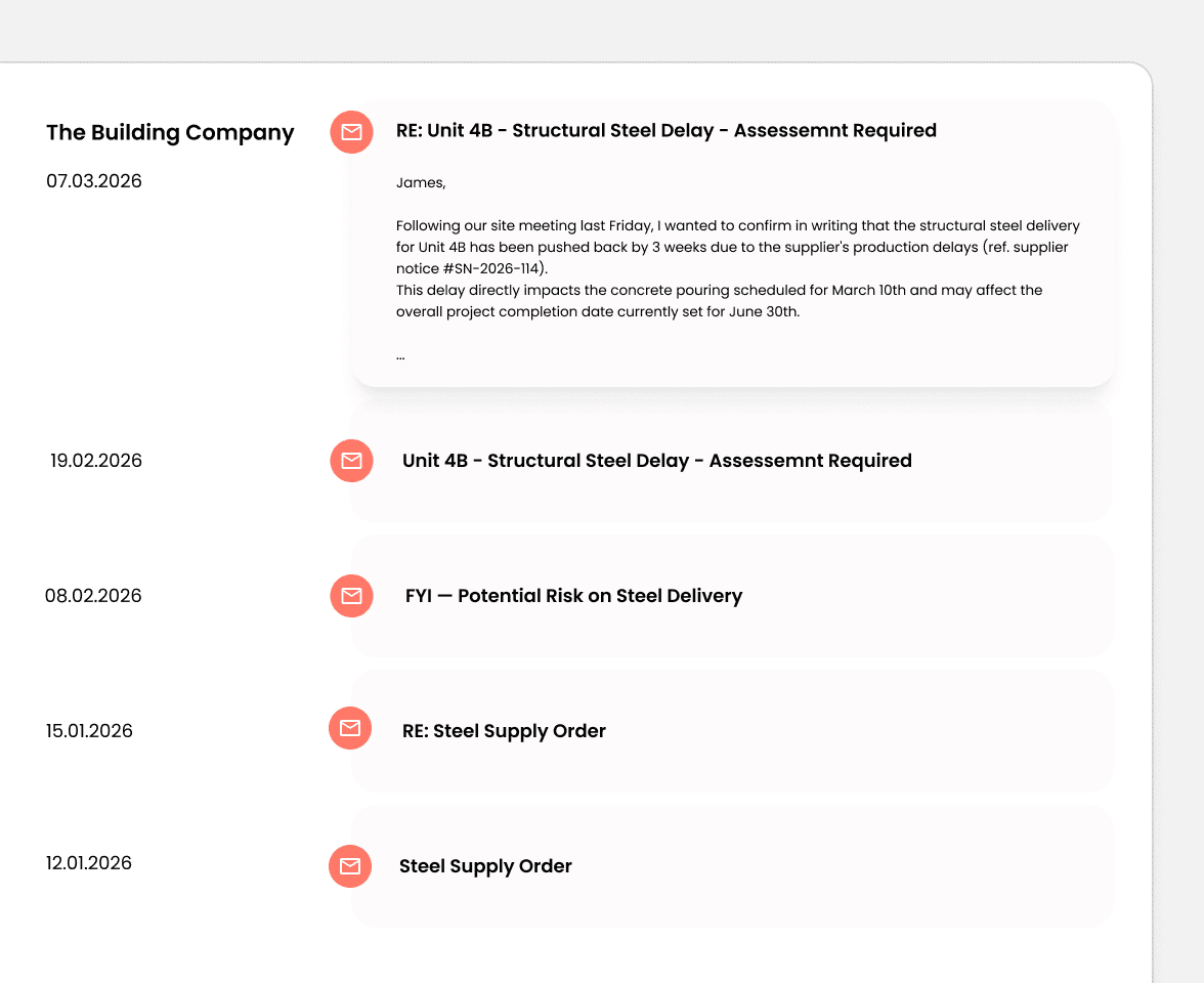 Email timeline from The Building Company showing steel supply delays and risk notifications between January and March 2026.