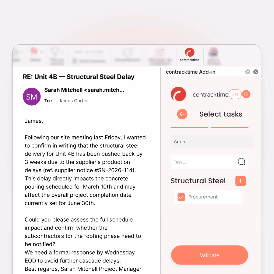 Email from Sarah Mitchell to James Carter about a three-week delay in structural steel delivery for Unit 4B, affecting the project timeline; Contracktime Add-in on right side for selecting tasks, showing 'Procurement' checked under Structural Steel with a Validate button.