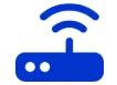 Blue router icon with wireless signal waves above it.