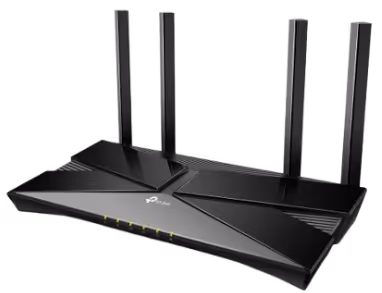 Black wireless router with four external antennas and TP-Link logo on top.