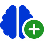 Blue stylized brain icon with a green circle containing a black plus sign.