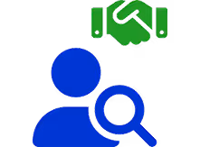 Blue user icon holding a magnifying glass with a green handshake symbol above.