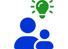 Blue icons of an adult and child with a green light bulb above them symbolizing an idea or learning.