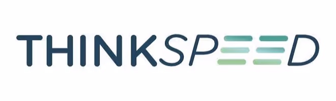 Logo of the word THINKSPEED with stylized green and blue letters, where the letters E are represented by three horizontal green lines each.