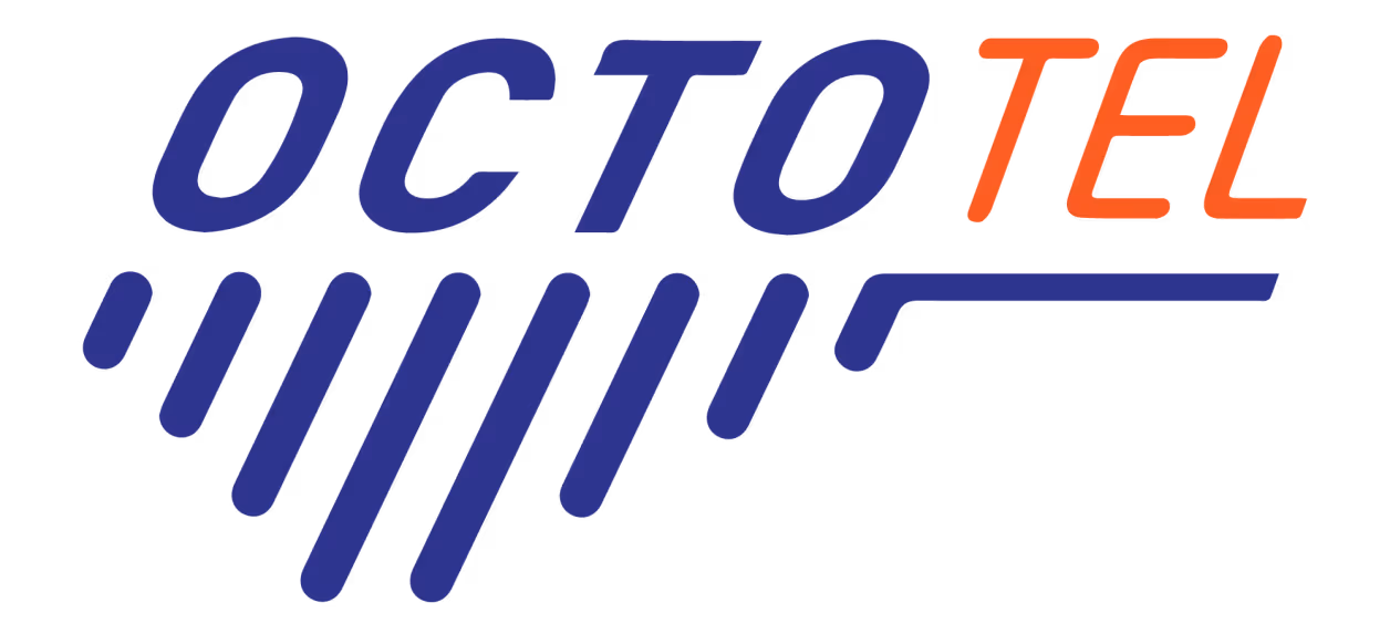 Octotel logo with the word OCTO in navy blue and TEL in orange, featuring navy blue diagonal lines extending downward from the letters.