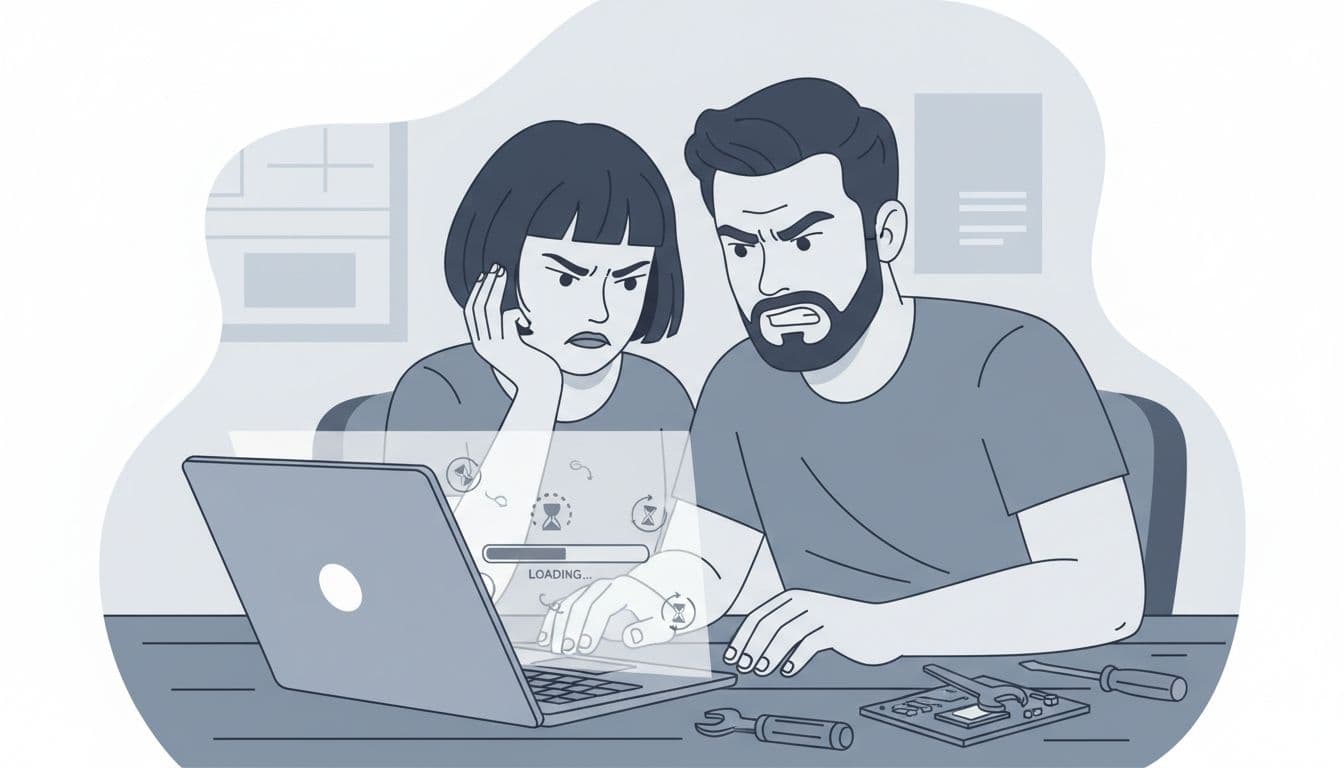 A frustrated couple of small business owners sits before a laptop displaying a slowly loading website surrounded by loading bars and hourglass symbols, in an office with tools on the table.