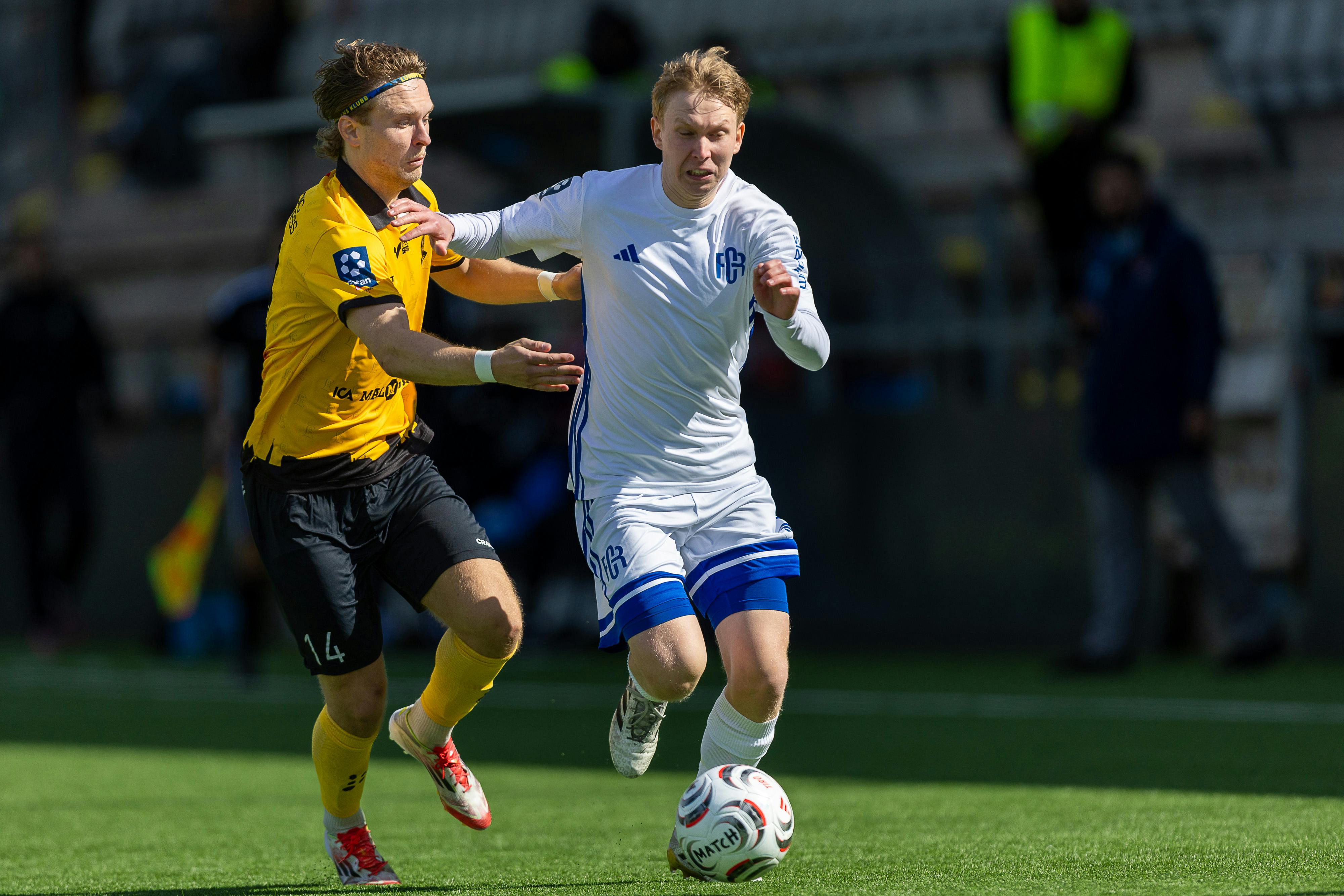 FC Rosengård midfielder Matias Ritari (6) and Lunds BK midfielder Jonathan Jacobsson (14) in action during the Ettan match between FC Rosengård and Lunds BK at Malmö IP, Malmö, Sweden. FC Rosengård-Lunds BK, April 4, 2026. Photo by Mauri Forsblom.
