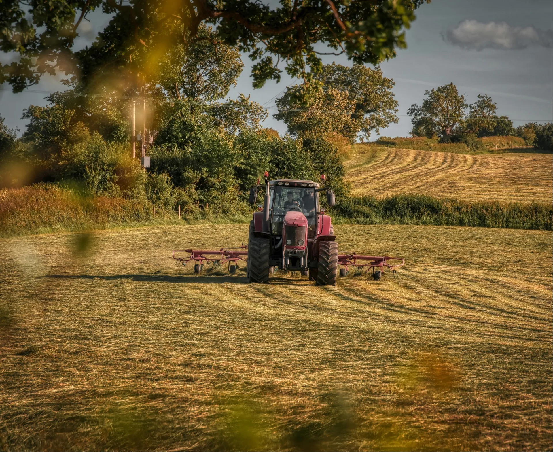 Red tractor working on a hay field with trees and blue sky in the background.