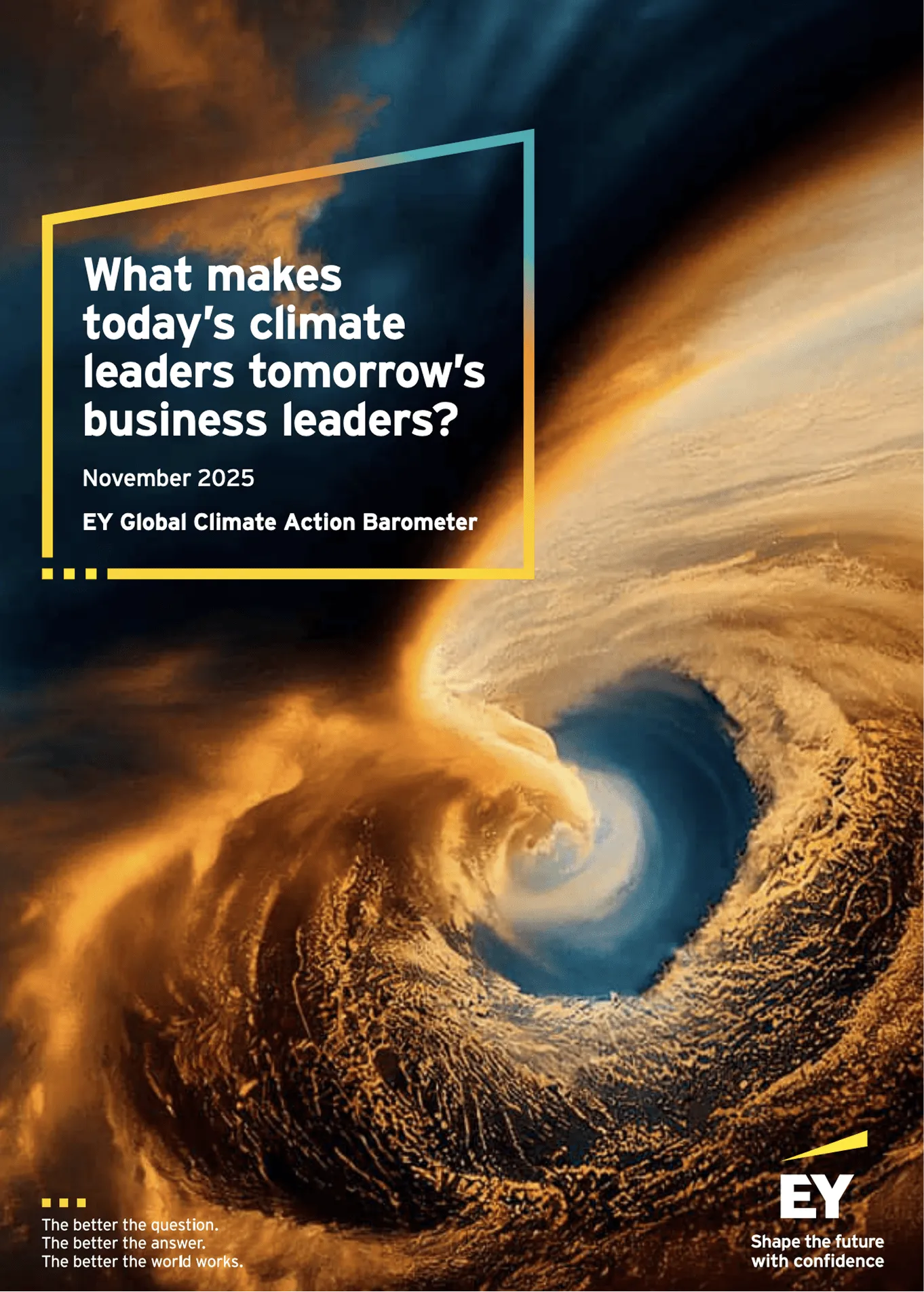 Swirling cloud and atmospheric formation resembling a storm with text about climate and business leadership in November 2025 by EY Global Climate Action Barometer.