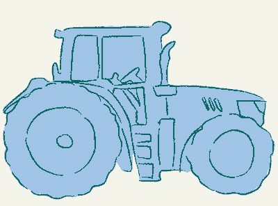 Simple blue outline illustration of a tractor with large rear wheel and smaller front wheel on a light background.