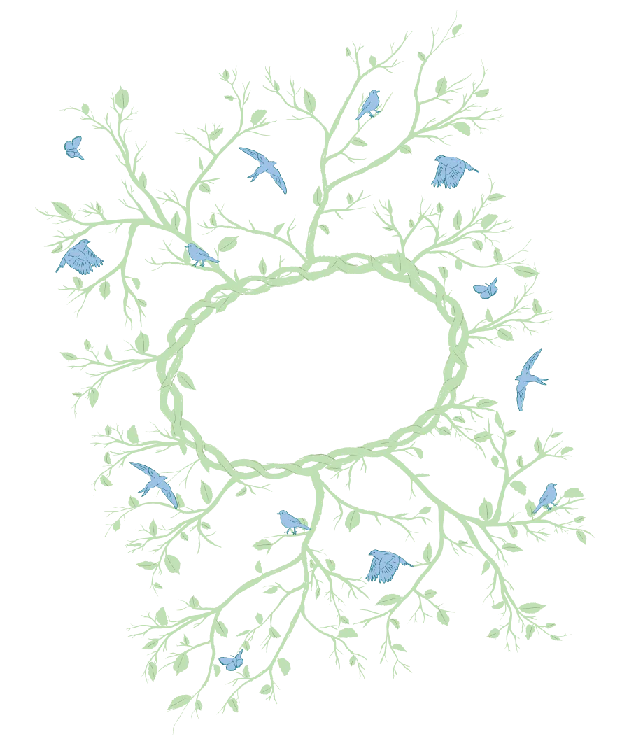Illustration of light green tree branches with small blue birds perched and flying around.