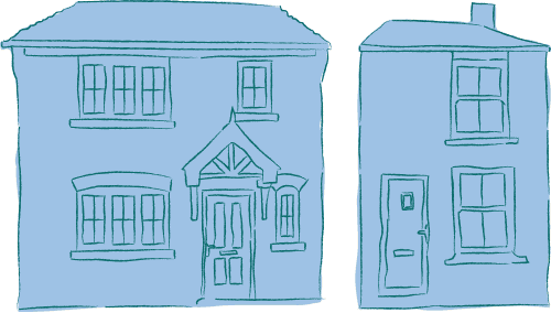 Simple blue line drawing of two houses, one with a pitched roof and front door with porch, the other with chimney and two large windows.