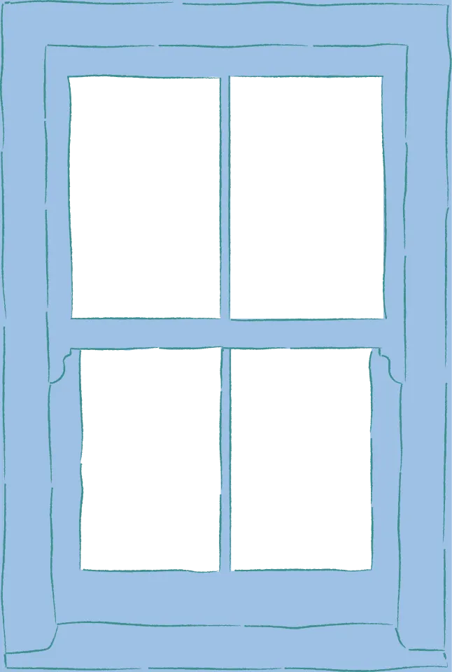 Drawing of a blue window frame with four panes and uneven lines.