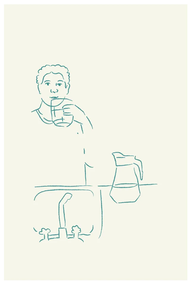 Minimalist line drawing of a person drinking a glass of water beside a kitchen sink and a pitcher.