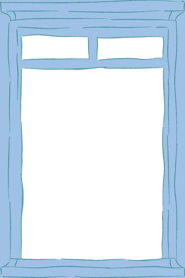Illustration of a blue wooden window frame with two rectangular panes at the top and a larger rectangular pane below.