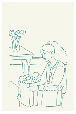 Line drawing of a person unpacking groceries from paper bags beside a table with a vase of flowers.