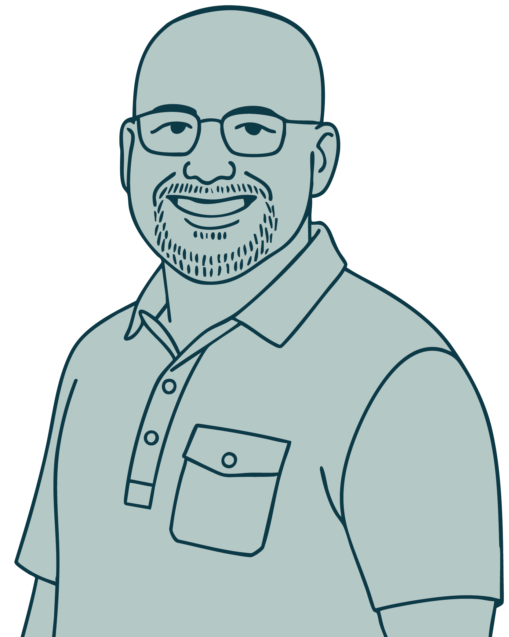 Illustration of a bald man with glasses and a beard, wearing a collared shirt with a pocket.