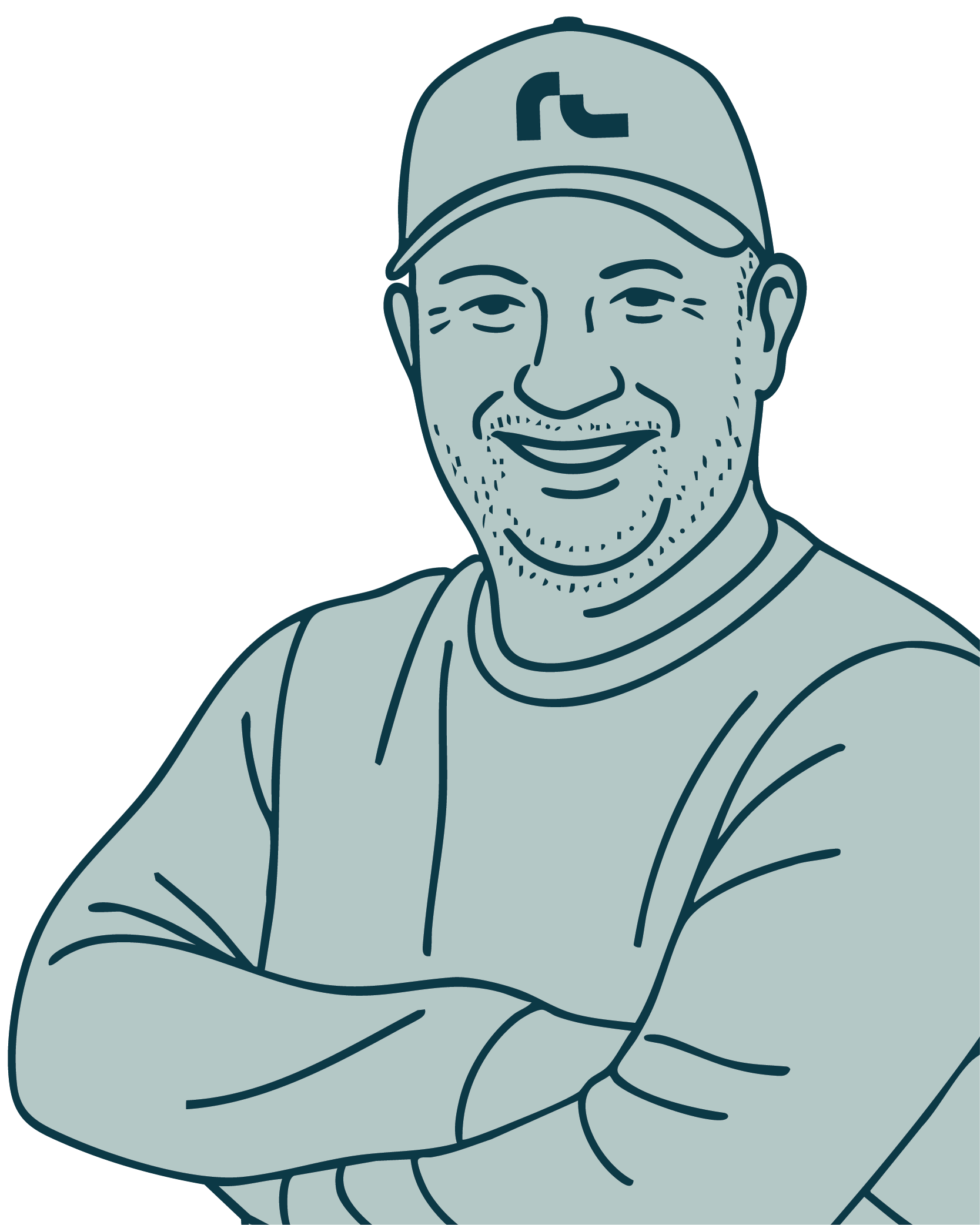 Illustration of a smiling man with short hair and stubble wearing a cap and a long-sleeve shirt, arms crossed.