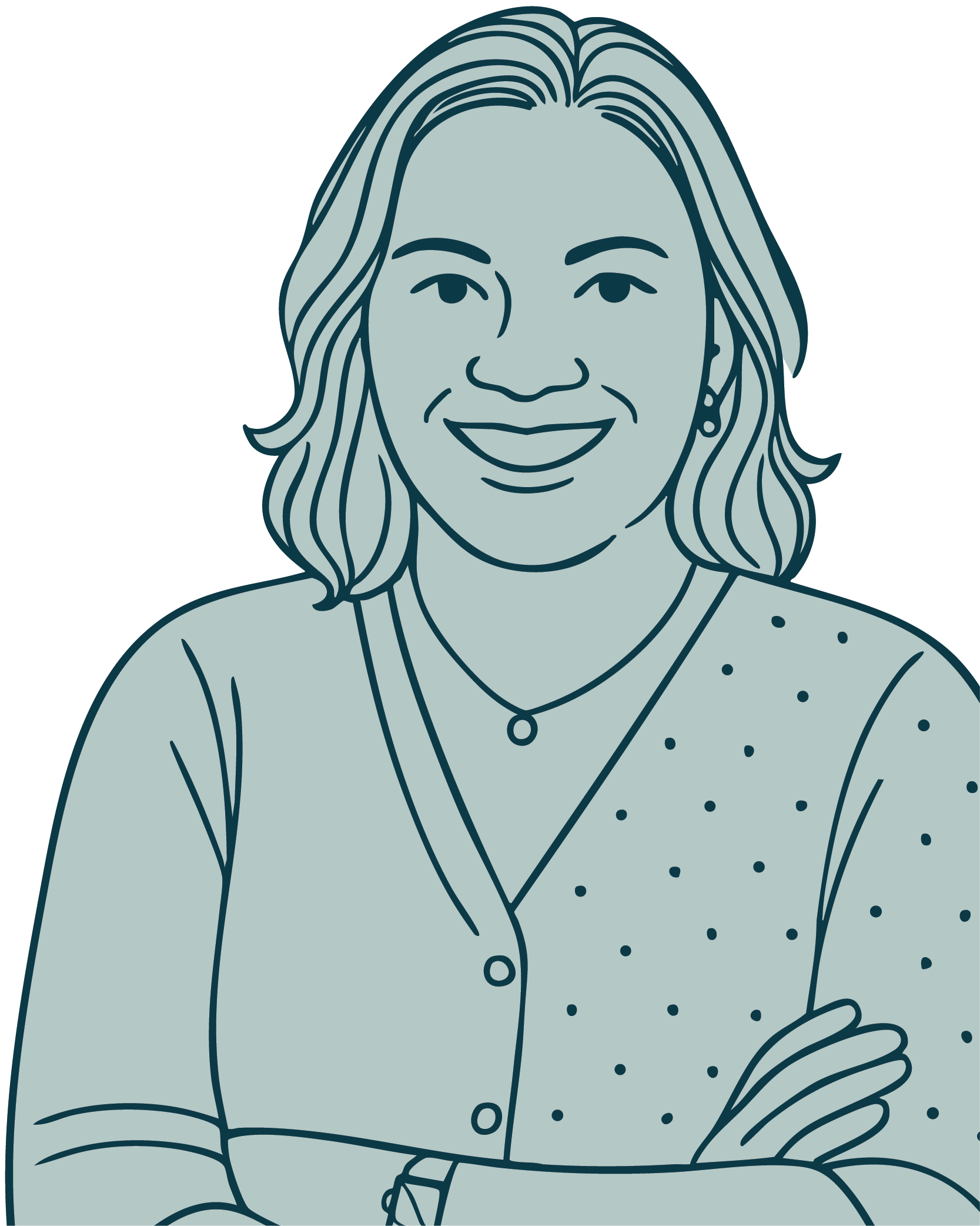 Illustration of a smiling woman with shoulder-length hair, wearing a buttoned cardigan with one side dotted and arms crossed.