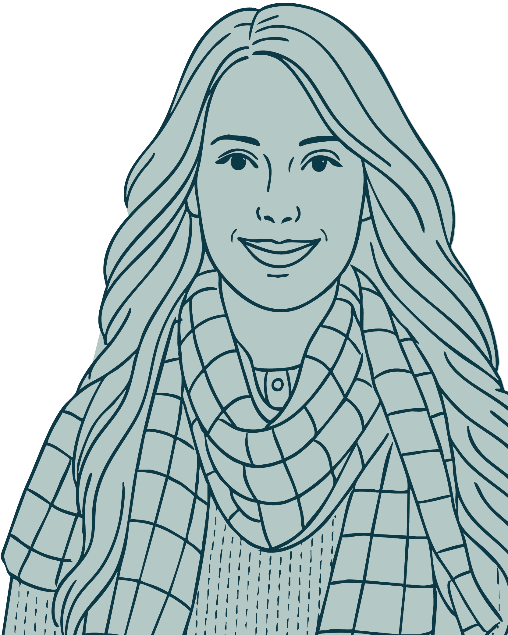 Illustration of a smiling woman with long wavy hair wearing a checkered scarf and sweater.