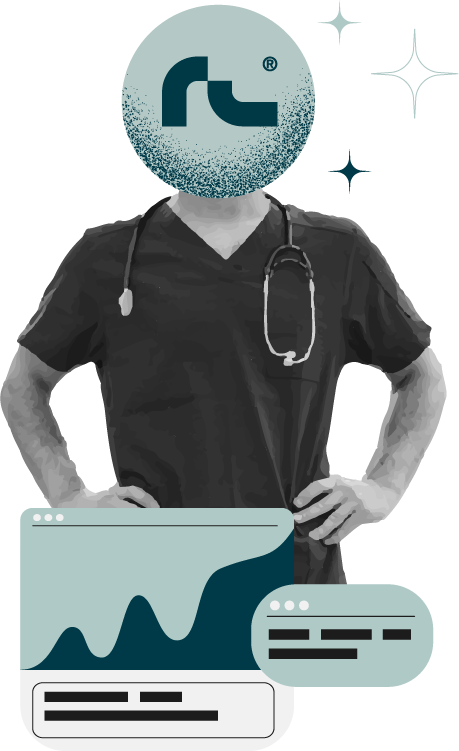Illustration of a person in medical scrubs with a stethoscope and a stylized circle replacing their head, accompanied by graphical interface elements.