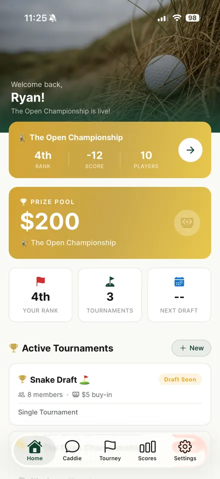 CaddieUp home screen showing a live tournament, prize pool, and active drafts