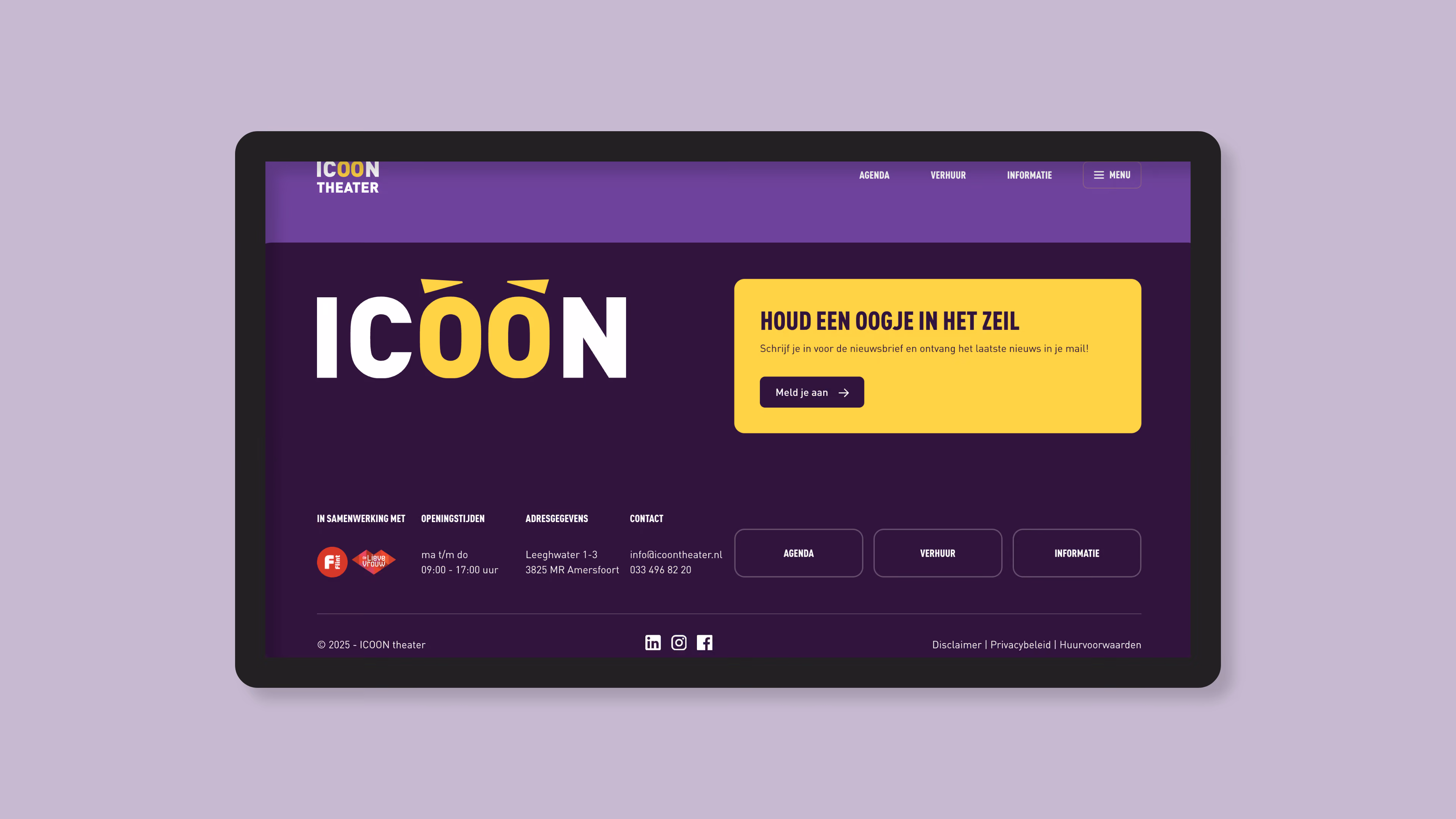 Homepage van de mobiele website van ICOONtheater met theaterprogramma en agenda.