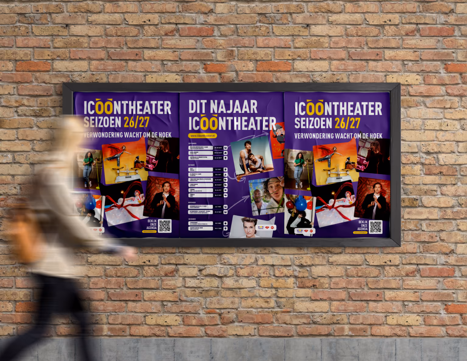 Posters van het theaterseizoen 2026-2027 van ICOONtheater in een abri met campagne-uitingen.