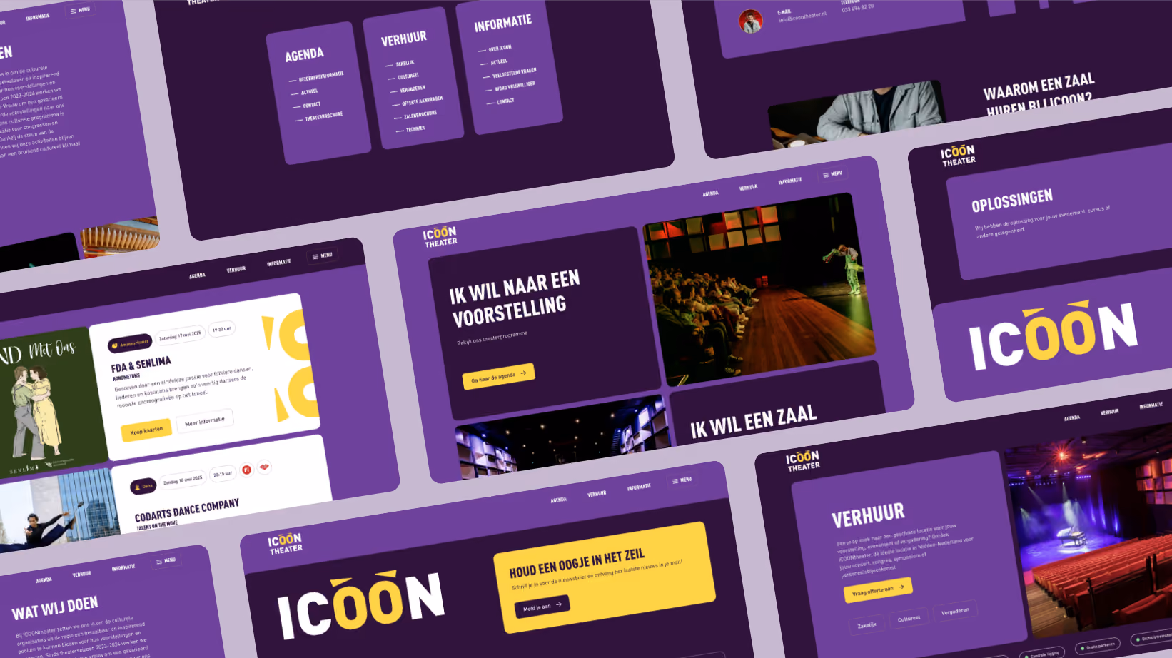 Huisstijl en communicatie-uitingen van ICOONtheater, waaronder website, social media, posters en drukwerk.