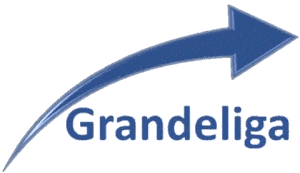 Blue upward curved arrow above the word Grandeliga in blue text.