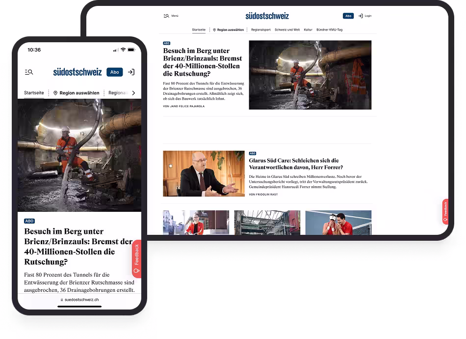 Website Südostschweiz zeigt Artikel über Tunnelbau unter Brienz mit Bild von Bauarbeiter im Tunnel.