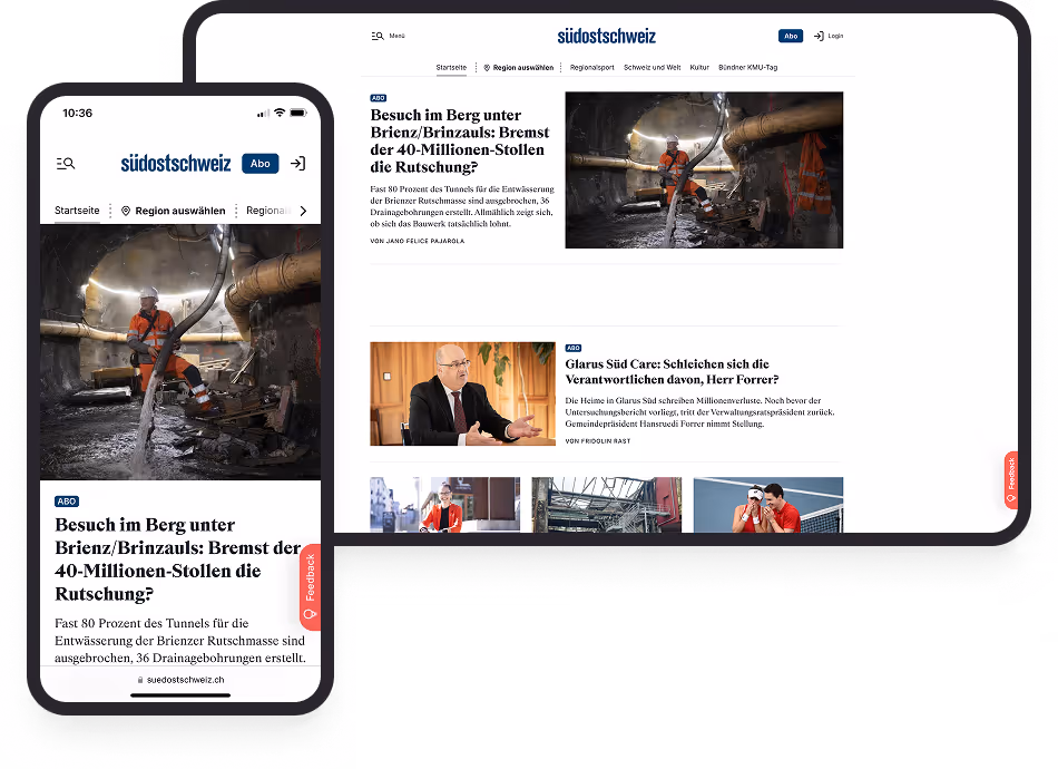 Website Südostschweiz zeigt Artikel über Tunnelbau unter Brienz mit Bild von Bauarbeiter im Tunnel.