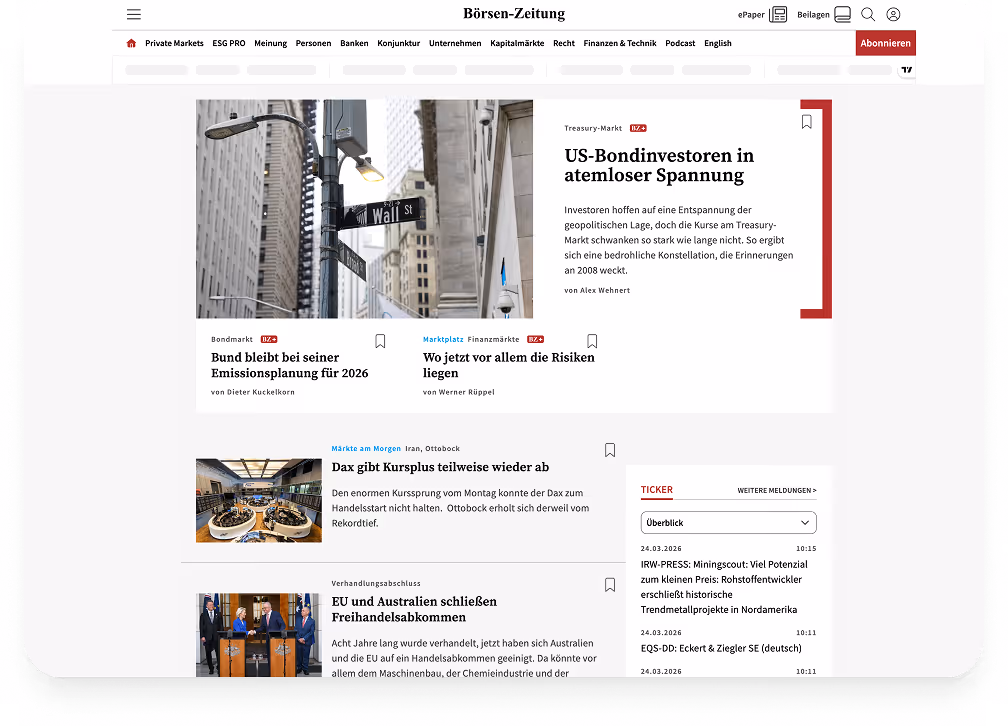 Screenshot der Börsen-Zeitung mit Artikeln zu US-Bondinvestoren, Dax und Freihandelsabkommen der EU.