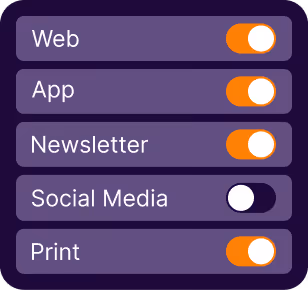 Schalterliste mit fünf Optionen: Web, App, Newsletter, Social Media, Print, einige aktiviert.