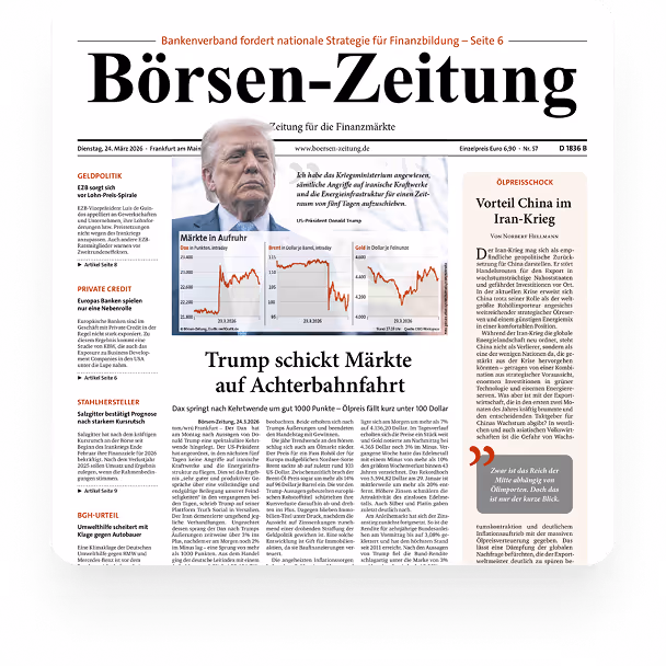 Titelseite der Börsen-Zeitung mit Artikeln zu Trump, Marktcharts und China-Iran-Krieg.