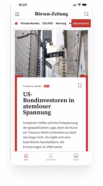 Smartphone screen showing Börsen-Zeitung article about US bond investors and Treasury market tension.