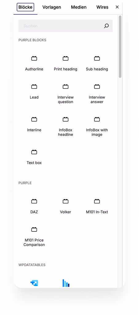 Screenshot of a menu with text blocks options like Authorline, Print heading, Interview question, and InfoBox.