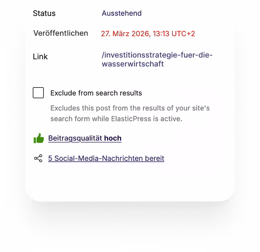 Bildschirmfoto eines Admin-Dashboards mit Status, Veröffentlichungsdatum und Link zur Investitionsstrategie.