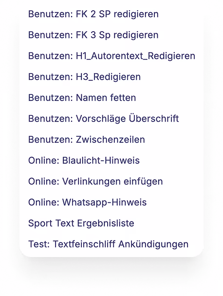 Liste deutscher Textbearbeitungsbefehle und Hinweise, darunter Fetten, Überschriften, Links und WhatsApp-Hinweis.